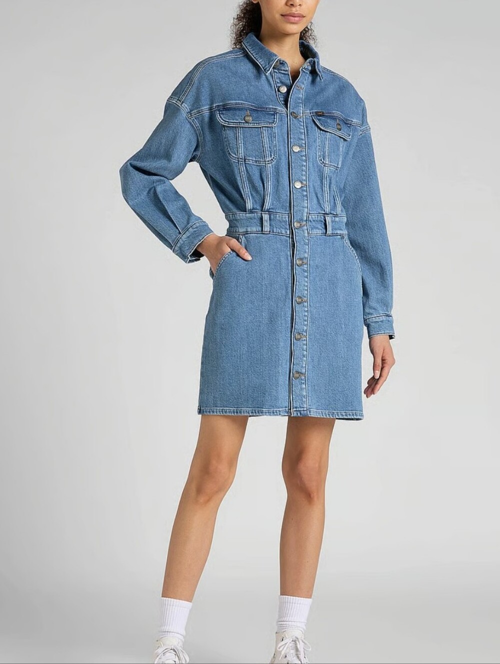 NWT Lee Button Front Long Sleeve Denim Mini Dress Greater Blue Size XL